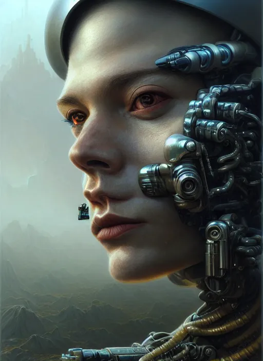 Prompt: closeup portrait shot of a cyborg soldier in a scenic dystopian environment, intricate, elegant, highly detailed, centered, digital painting, artstation, concept art, smooth, sharp focus, illustration, artgerm, tomasz alen kopera, peter mohrbacher, donato giancola, joseph christian leyendecker, wlop, boris vallejo