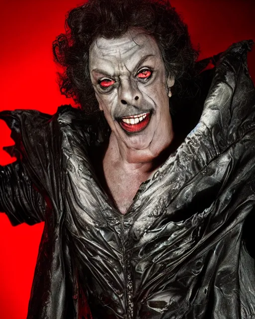 Image similar to tim curry as darkness from ridley scott's movie legend. studio lighting, photoshoot in the style of annie leibovitz, atmospheric smoke