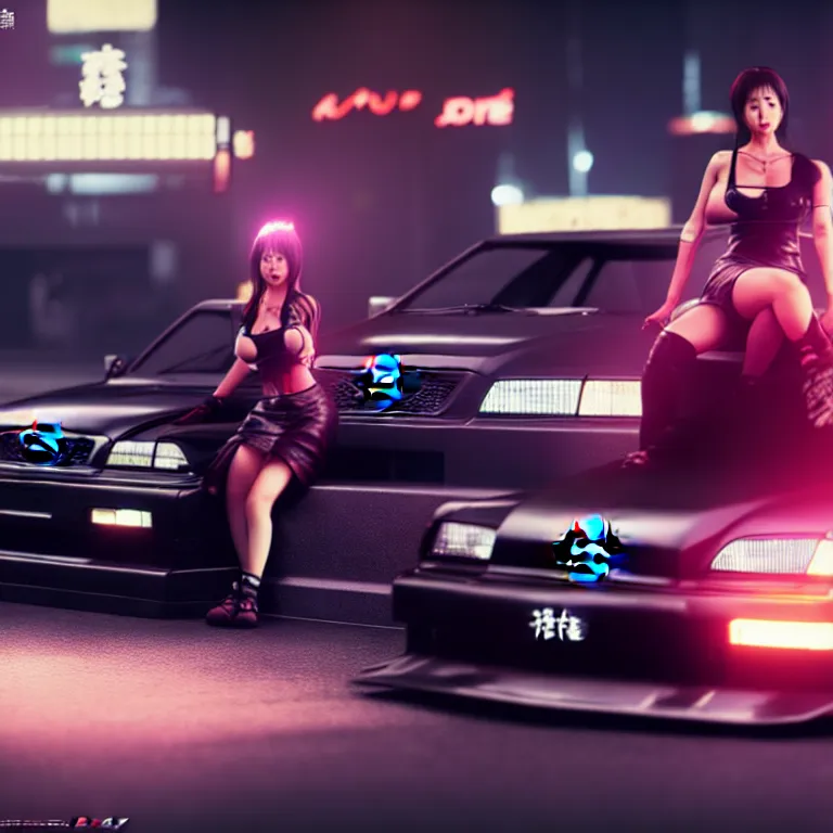 Image similar to toyota jzx 1 0 0 drift, detailed - wheels, shibuya prefecture, cyberpunk woman sitting, cinematic lighting, photorealistic, night photography, octane render