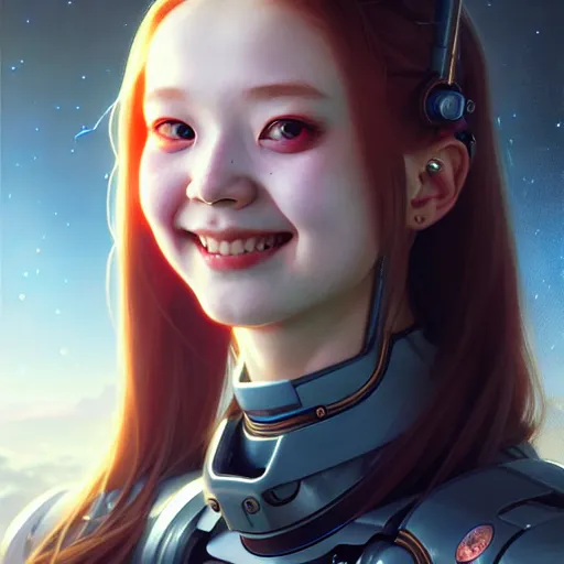 Image similar to portrait painting of a cute cyborg chuu loona kpop smiling cheerfully, ultra realistic, concept art, intricate details, eerie, highly detailed, photorealistic, octane render, 8 k, unreal engine. art by artgerm and greg rutkowski and magali villeneuve and alphonse mucha