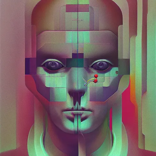 Image similar to portrait of abstract visual artificial intelligence face chromatic suit by Petros Afshar and Beeple, Edward Hopper and James Gilleard, Zdzislaw Beksinski, Mark Ryden, Wolfgang Lettl highly detailed