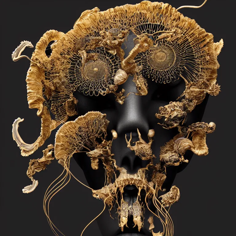 Prompt: black background. absolutely symmetrical sculpture. centered. goddess princess face close-up portrait ram skull. sculpture made of gold and black charcoal. jellyfish phoenix head, nautilus, orchid, skull, betta fish, bioluminiscent creatures, intricate artwork by Tooth Wu and wlop and beeple. octane render, trending on artstation, greg rutkowski very coherent symmetrical artwork. cinematic, hyper realism, high detail, octane render, 8k