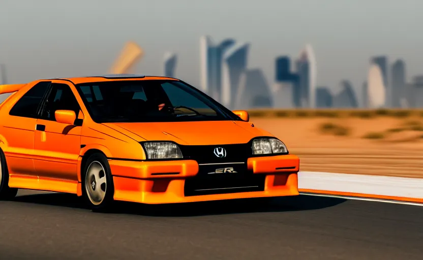 Prompt: photograph of a cell-shaded orange Honda EK9 Type-R, speeding on a desert road with a futuristic city in the horizon, kicking up dirt, action shot, one point perspective, sigma 85mm f/1.4, 4k, depth of field, high resolution, 4k, 8k, hd, full color