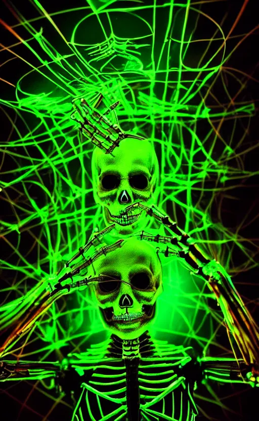 Prompt: cyber skeleton, psycho magick fuck it insane, looks like witchcraft tarot photoluminescent but cant seem to confirm, liquid shadows engulf, cinematic lighting, psychedelic photoluminescent, various refining methods, micro macro autofocus, ceremonial ritual, award winning photo, devianart craze