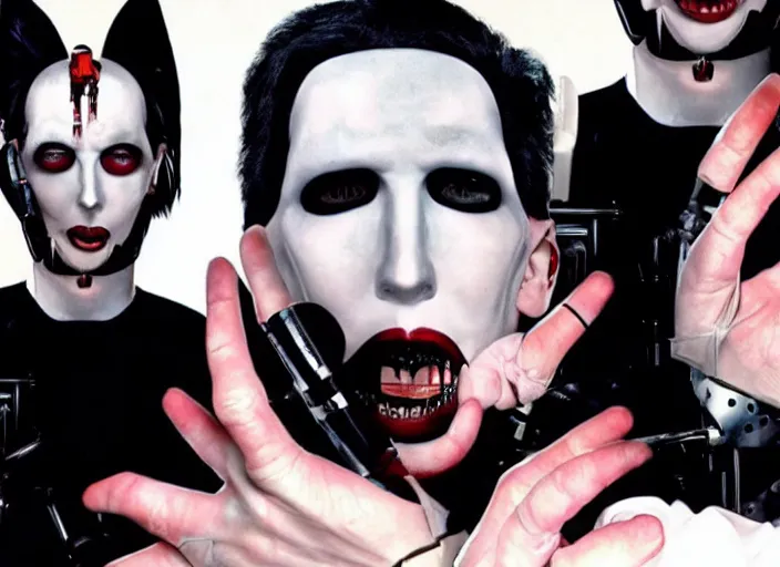 Image similar to marilyn manson robocop illuminati ritual