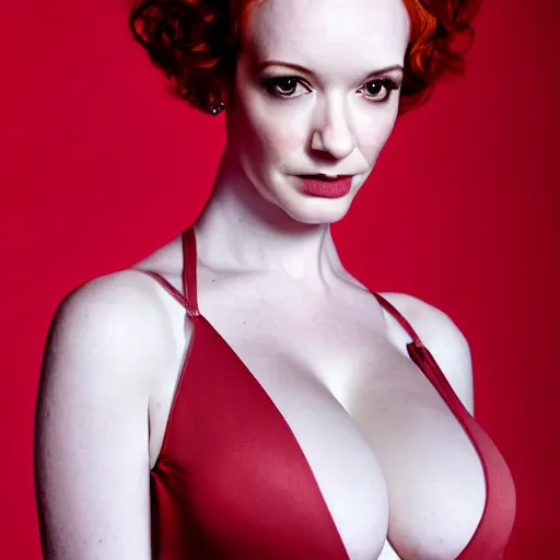 Prompt: symmetry!! christina hendricks!!! full frontal body photography of skinny christina hendricks in croptop by mario testino, croptop!! blushing, red - cheeks!!, dim volumetric cinematic lighting, 8 k, post - processing, extremely hyper - detailed, intricate, epic composition, masterpiece, stunning,