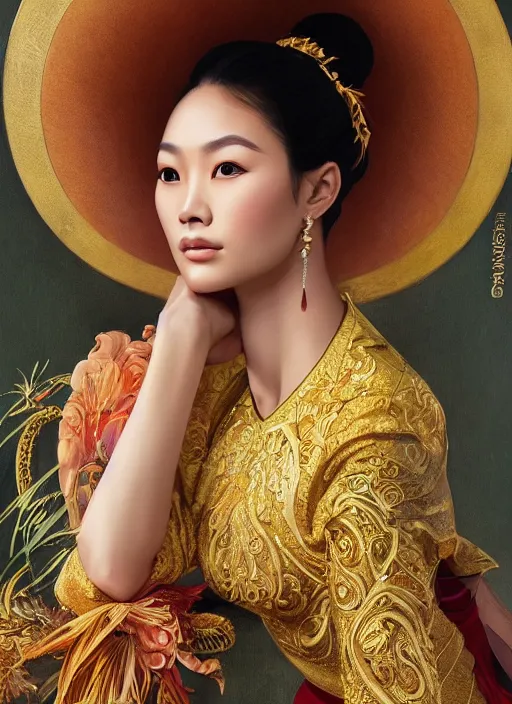 Prompt: portrait of a thai supermodels wearing traditional costume, highly detailed, digital painting, artstation, concept art, sharp focus, illustration, art by kittichai rueangchaichan and james gurney and alphonse mucha