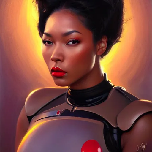 Prompt: a portrait of a very WOC beautiful woman in a spacesuit, brown eyes, shoulder-length black hair, red lips, bored, illustration, soft lighting, soft details, painting oil on canvas by mark arian by artgerm, trending on artstation, 4k, 8k, HD