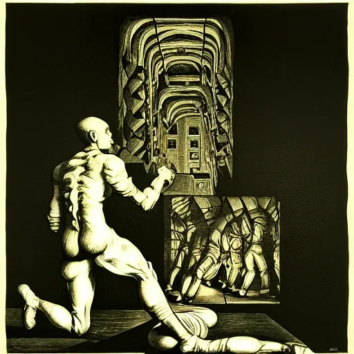 Image similar to lithography on paper secret layer dungeon conceptual figurative post - morden monumental dynamic portrait by goya and escher and hogarth, illusion surreal art, highly conceptual figurative art, intricate detailed illustration, controversial poster art, polish poster art, geometrical drawings, no blur