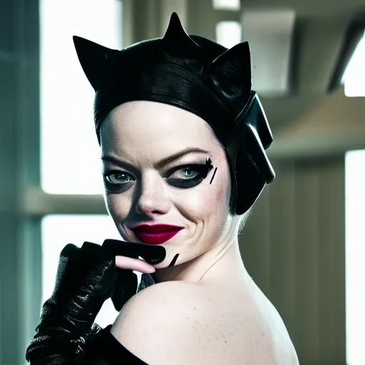 Prompt: Emma Stone as Catwoman, promo material, XF IQ4, 150MP, 50mm, F1.4, ISO 200, 1/160s, natural light, Adobe Lightroom, photolab, Affinity Photo, PhotoDirector 365