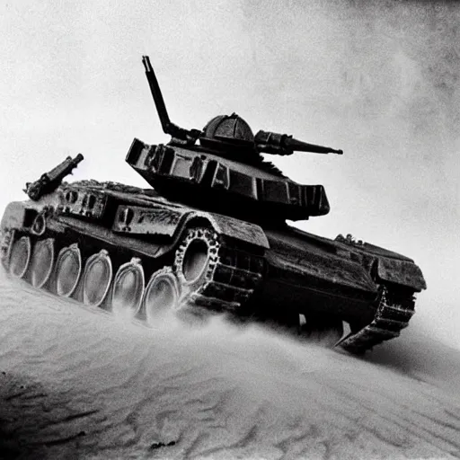 Prompt: a tank shaped like a scorpion driving through a sandstorm, frank frazetta