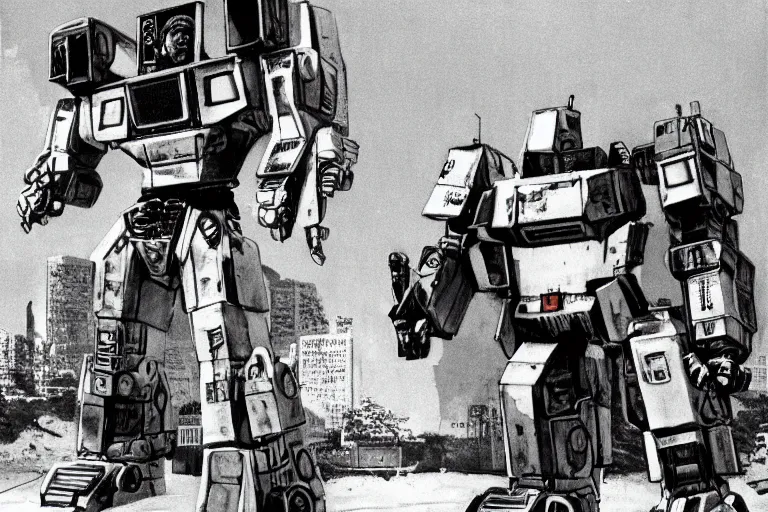 Prompt: 1 9 7 9 science fiction focusing on mechwarrior posing at street level in with beautiful scenery. depth of field art by tim conrad and vic bonilla