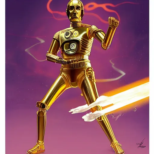 Prompt: c 3 po as vega street fighter, jump kick, 4 k, ultra realistic, detailed focused art by artgerm and greg rutkowski and alphonse mucha