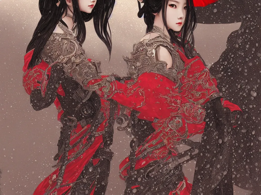 Image similar to portrait jisoo blackpink, grey hair black and red samurai armor, in japanese temple heavily rainy night, ssci - fi and fantasy, intricate and very very beautiful and elegant, highly detailed, digital painting, artstation, concept art, smooth and sharp focus, illustration, art by tian zi and wlop and alphonse mucha