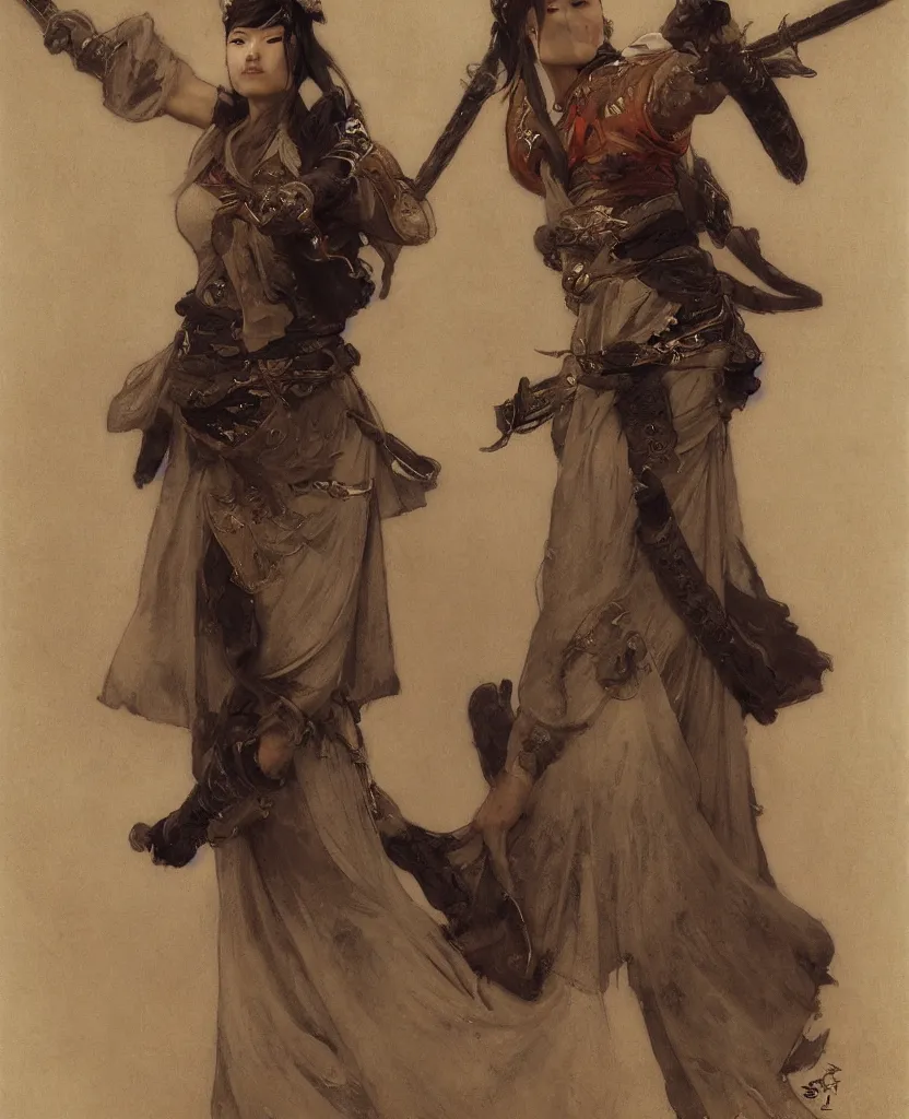 Image similar to modern elegant tanned female samurai ninja, with large engraved sword, abs, wide leg hakama trousers, by gaston bussiere, mucha, gerome, craig mullins, greg rutkowski, john singer sargent