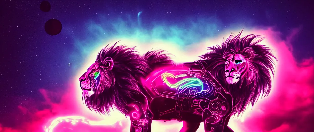 Image similar to space, a mechanical lion with a pink neon mane, punk, hyperdetailed illustration, stars, pink, neon, oil painting, rich deep colors masterpiece, pirate neon ship, ultra detailed, contrast, heaven pink, clouds, volumetric light, atmospheric lighting, dramatic, cinematic, moody, octane render 4 k, 8 k