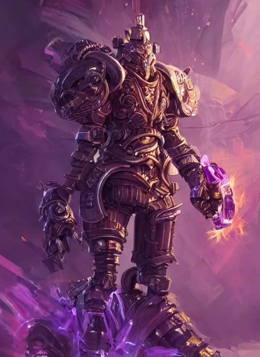 Image similar to a highly detailed illustration of dieselpunk cyber knight with flowing flaming plume with machine gun arms, rigid bulky armor, purple glowing cracks in armor, dramatic standing pose, intricate, elegant, highly detailed, centered, digital painting, artstation, concept art, smooth, sharp focus, league of legends concept art, WLOP