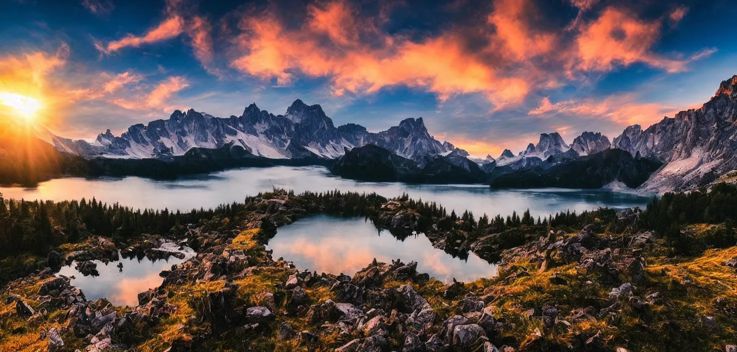 Image similar to amazing landscape photo of mountains with lake in sunset, beautiful dramatic lighting