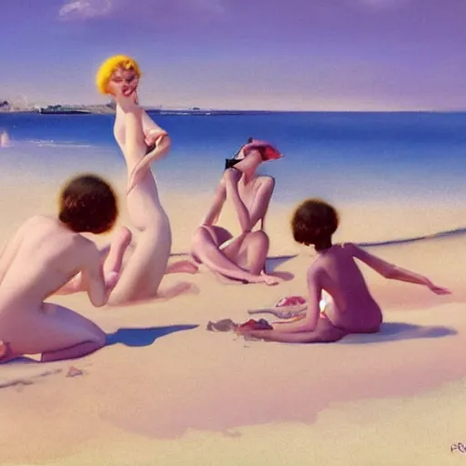 Image similar to A beautiful digital art of a group of people on a beach. The colors are muted and the overall tone is serene. The people are all engaged in different activities, from reading to playing games, and the artwork seems to be capturing a moment of peace and relaxation. pale yellow by Rolf Armstrong haunting, composed