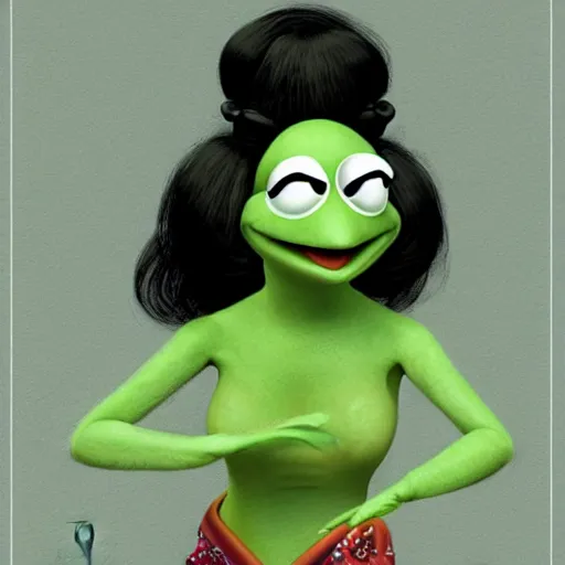 Image similar to organic seductive Geisha Kermit the Frog from Sesame Street, pearlescent skin, diffuse lighting, fantasy, intricate, elegant pose, highly detailed, lifelike, photorealistic, digital painting, artstation, illustration, concept art, different full body view, smooth, sharp focus, art by John Collier and Albert Aublet and Leonardo da vinci and Krenz Cushart and Artem Demura and Alphonse Mucha
