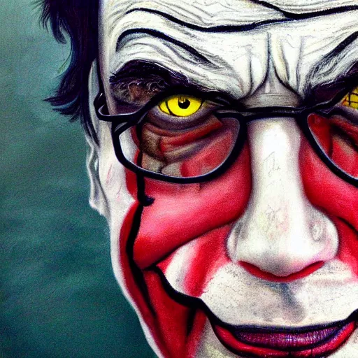 Image similar to a portrait of stephen king with clown makeup on