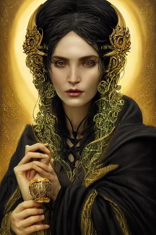 Image similar to a close - up portrait of a beautiful sorceress wearing a black robe with gold embroidery, casting a spell, green glows, painted by artgerm and tom bagshaw, highly detailed digital art