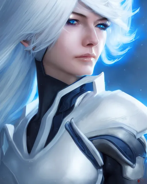 Image similar to perfect white haired girl, warframe armor, beautiful, pretty face, blue eyes, detailed, windy weather, scifi, platform, laboratory, experiment, 4 k, ultra realistic, epic lighting, high detail, masterpiece, by akihito tsukushi, charlie bowater, ross tran