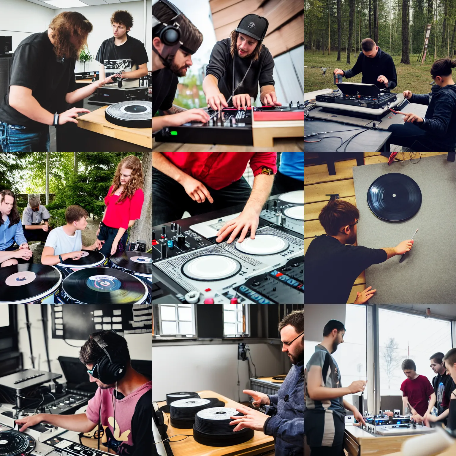 Prompt: a photo of a dj teaching how to scratch vinyls to a few students, overcast light, finnish architecture