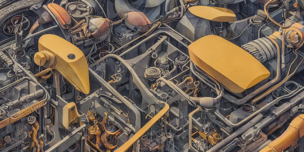 Prompt: collection of exploration of form and shapes, moebius, engine, props, hard surface, panel, simon stalenhag, kitbash, items, gadget, big medium small, close up, vehicles, futuristic, parts, machinery, greebles, insanely detailed, case, hardware, golden ratio, wes anderson color scheme, in watercolor gouache detailed paintings