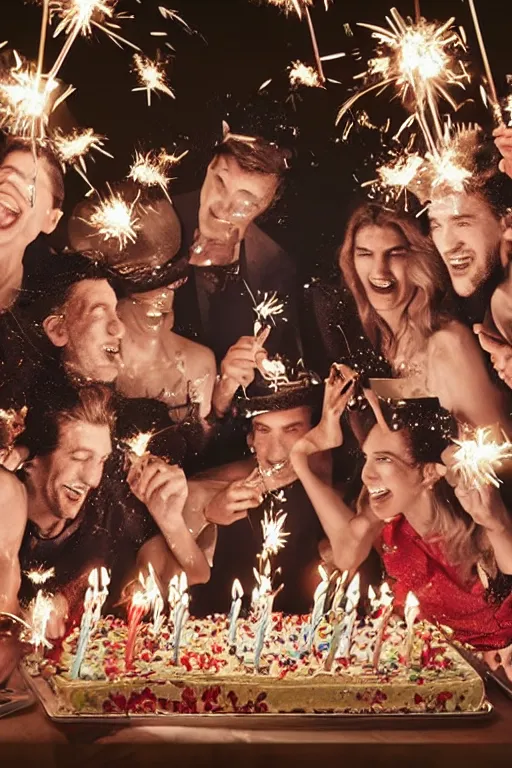 Prompt: dolce & gabbana campaign featuring artist ben schumacher blowing out all the candles on the birthday cake, sparklers, realistic vfx simulation