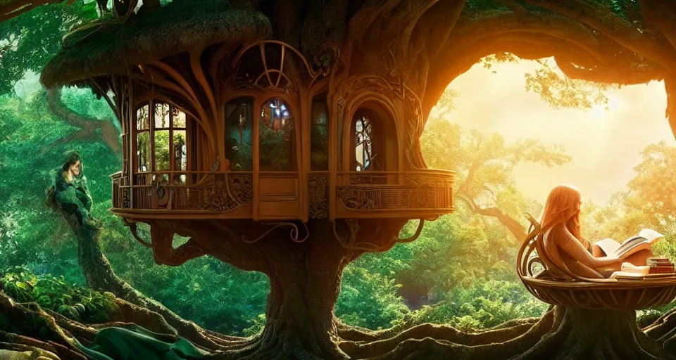 Image similar to An incredibly beautiful scene from a 2022 Marvel film featuring a cozy art nouveau reading nook inside of a fantasy tree house. 8K UHD.