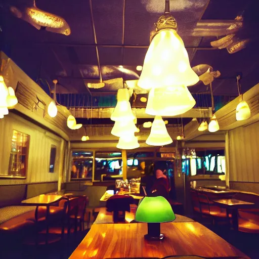 Image similar to inside of a diner with jellyfish lampshades, polka dot tables, cozy lighting, late night, shrek in the foreground, photo