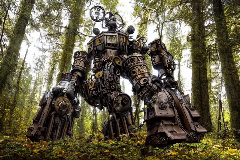 Prompt: steampunk colossal mech standing in a swedish forest, very low angle photograph, trending on artstation