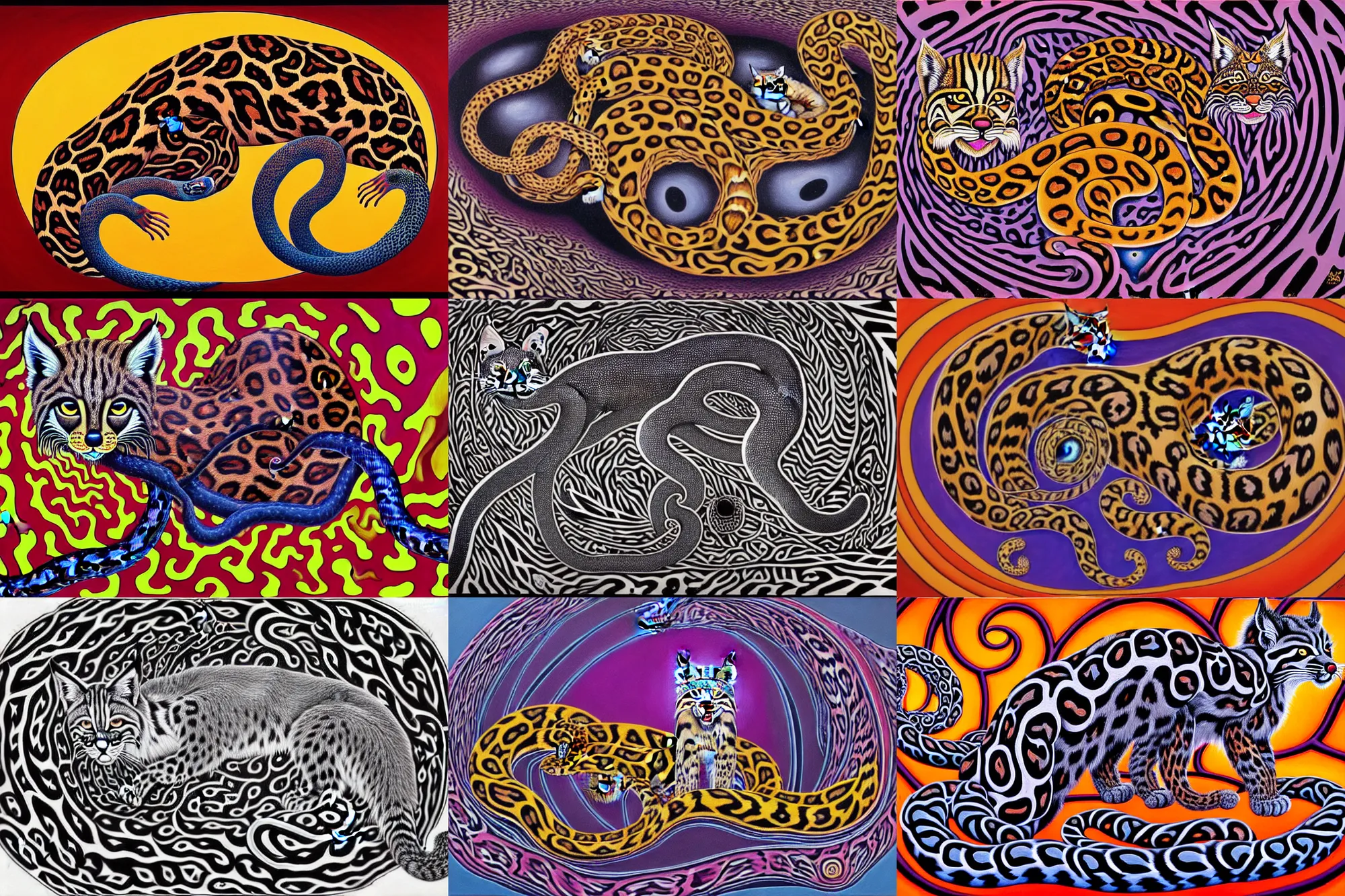 Image similar to a detailed painting of a magick polecat occult effigy beautiful lynx fur that is a crescent shaped leopard atomic latent snakes in between autobiological cybernetic ferret resurgence of snake phonkadelic ferret in the style of escher, alex grey, kubrick inspired by realism, symbolism, magical realism and dark fantasy, clear, crisp,