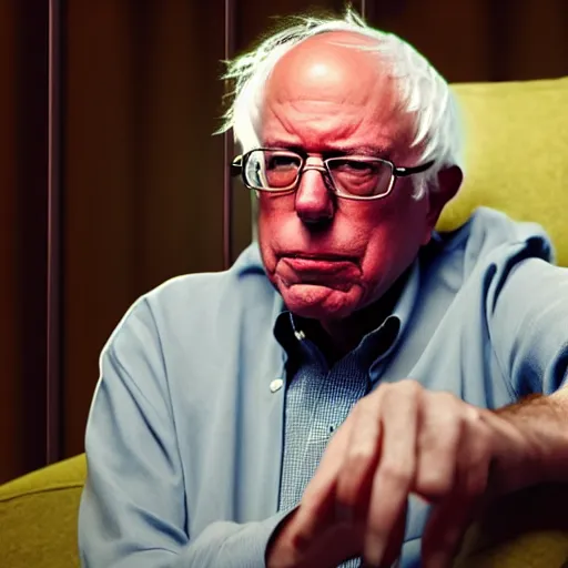 Image similar to bernie sanders in a lounge chair smoking a joint, detailled, realistic, hd, 8 k, art, cinematic lighting