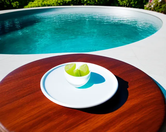 Prompt: 5 5 mm photo of wineglass drink on a zen minimalist round white table with gorgeous pool in the background. highly detailed 8 k. intricate. lifelike. soft light,