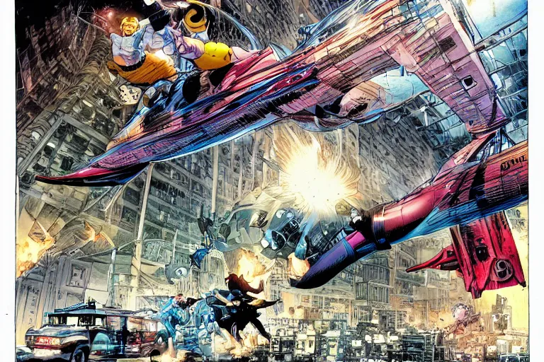 Image similar to city, science - fiction, dirigible, beautiful comic book, jim lee, neal adams, artstation.