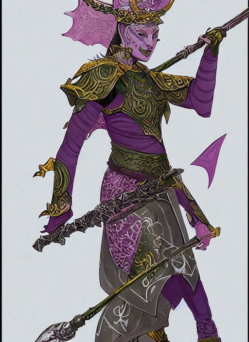 Prompt: full body portrait, female changeling spearman in floral - patterned light armor, wielding a long halberd, wearing a noh theatre mask, barefoot in sandals, capricious, energetic, provocative, realistic proportions, reasonable fantasy, in the style of dnd illustrations, tabletop rpg.