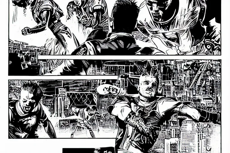 Prompt: jamie vardy scoring a goal, a page from cyberpunk 2 0 2 0, style of paolo parente, style of mike jackson, adam smasher, johnny silverhand, 1 9 9 0 s comic book style, white background, ink drawing, black and white