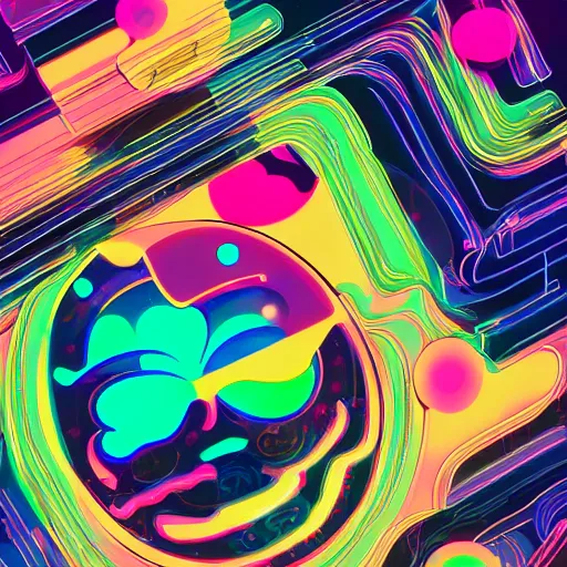Image similar to neon symetric shapes album cover, cartoon digital painting, detailed, beautiful brush stroke rendering, by beeple, by hayao miyazaki, by takashi murakami, by masahiro ito, 4 k wallpaper