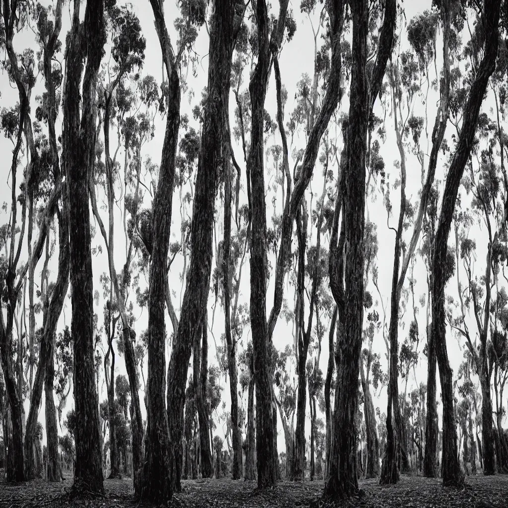 Image similar to long exposure photograph of eucalyptus trees, strong wind, back light, dslr, photographed by trent parke