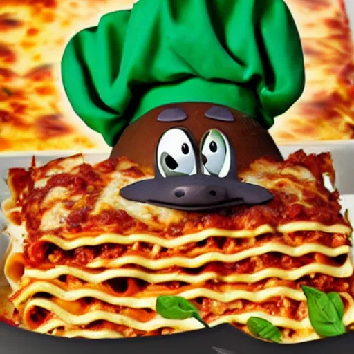 Image similar to cute platypus wearing a chef hat and holding a lasagna with three basil leaves over the lasagna, pixar style, ultradetailed