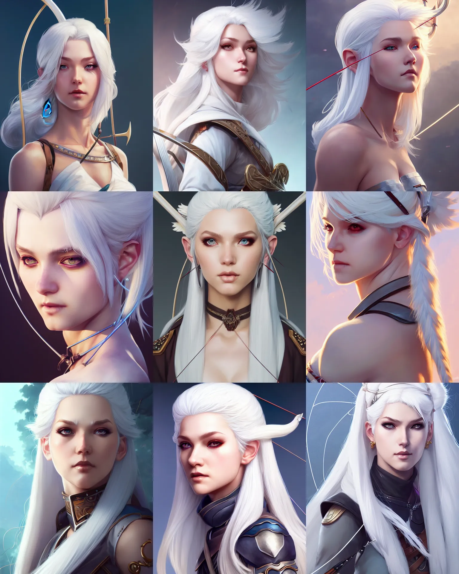 Prompt: character concept art of a gorgeous white haired female archer | | distinct - fine, key visual, realistic shaded perfect face, fine details by stanley artgerm lau, wlop, rossdraws, james jean, andrei riabovitchev, marc simonetti, sakimichan, and jakub rebelka, trending on artstation