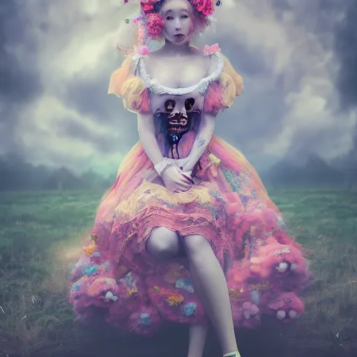 Image similar to 8 k, octane render, realism, tonalism, renaissance, rococo, baroque, cotton candy, portrait of a creepy young lady wearing long - harajuku manga - dress with flowers and skulls