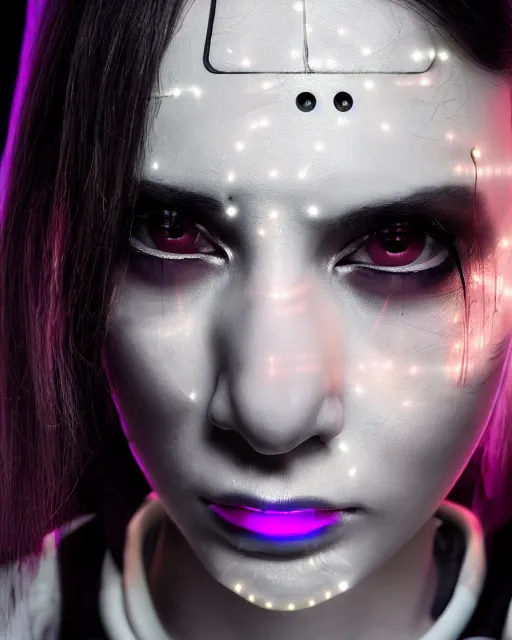 Prompt: close up photo portrait of female dancer with cyberpunk robotic mechanic implants with linear bright led lights over face and neck, inside white room, ultra - realistic and detailed, 8 k