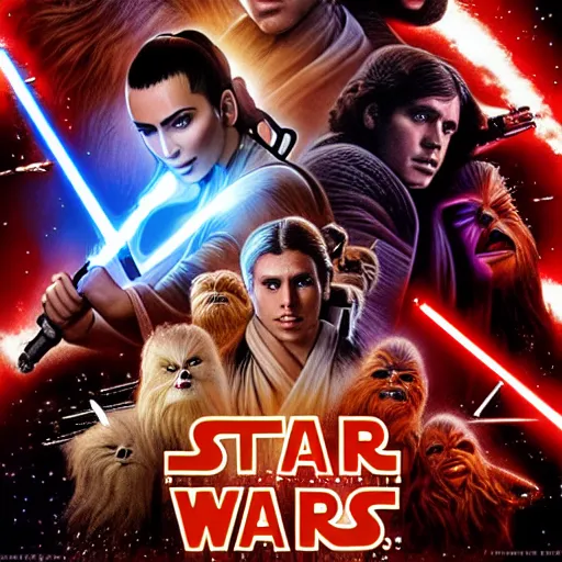 Image similar to super detailed star wars movie poster with Jesus Christ and kim kardashian, 8k full HD photo, cinematic lighting, anatomically correct, oscar award winning, action filled, correct eye placement,