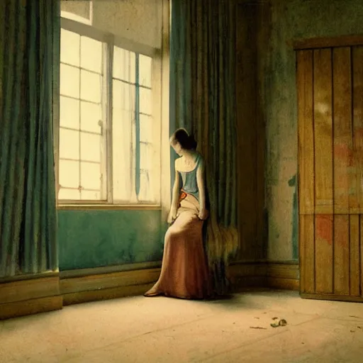 Image similar to a lonely girl in an haunted liminal abandoned room, film still by wes anderson, depicted by balthus, limited color palette, very intricate, art nouveau, highly detailed, lights by hopper, soft pastel colors