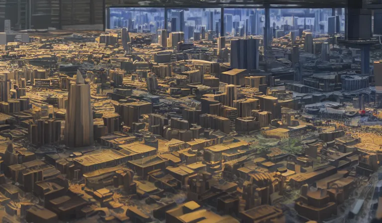 Image similar to large group people in simple warehouse, looking at hologram of futuristic downtown on a table, cinematic concept art, godrays, golden hour, natural sunlight, 4 k, clear details, tabletop model buildings, center model tall buildings, hologram center, crane shot, crane shot, crane shot, clear details, windows