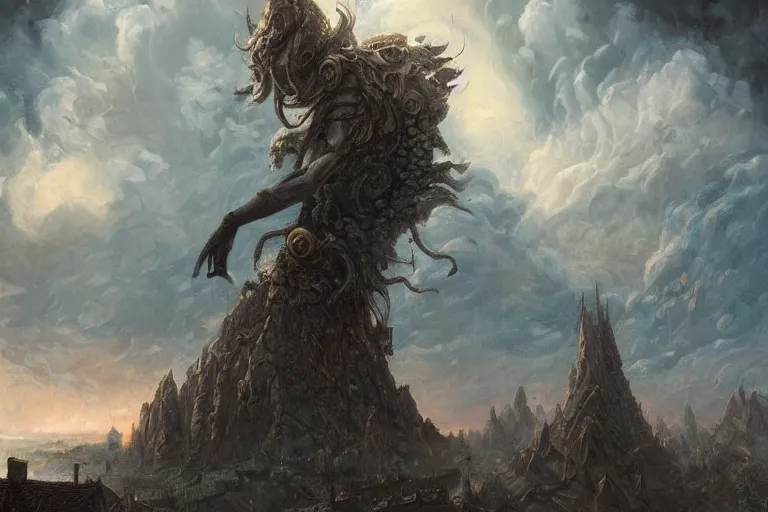 Prompt: a lovcraftian deity as tall as the clouds destroys a village, 1 8 0 0 s, in the style of coriolis rpg, highly detailed, dark sci - fi, artstation, 8 k, mohrbacher