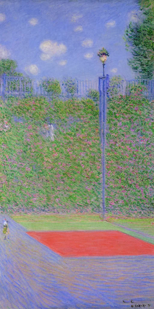 Image similar to tennis court, art by claude monet, impressionism, oil painting, bright colors, advertising painting